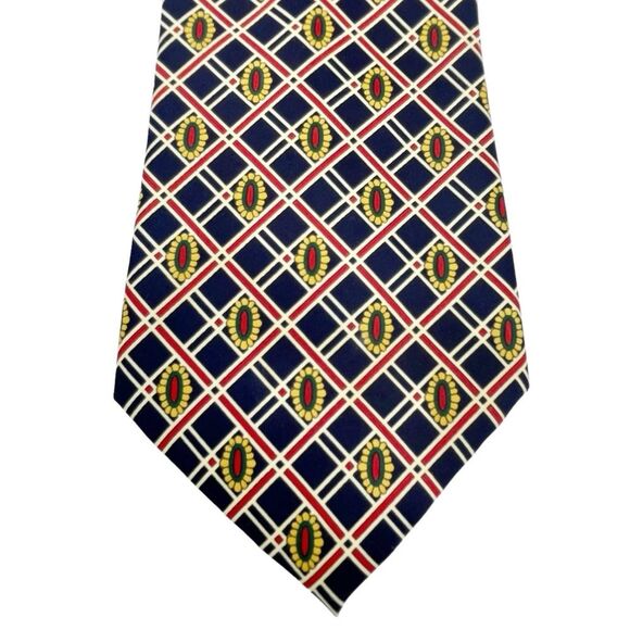 Vintage Rene Chagal 100% Silk Twill Tie Navy Gold Red Preppy Pattern Necktie - Picture 9 of 11